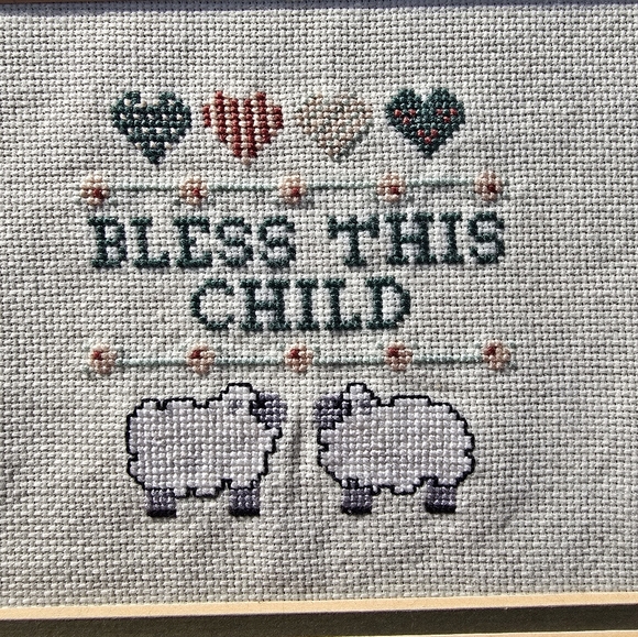 Needlepoint Cross Stitch Vintage Bless This Child Square Matted Framed - Picture 2 of 7